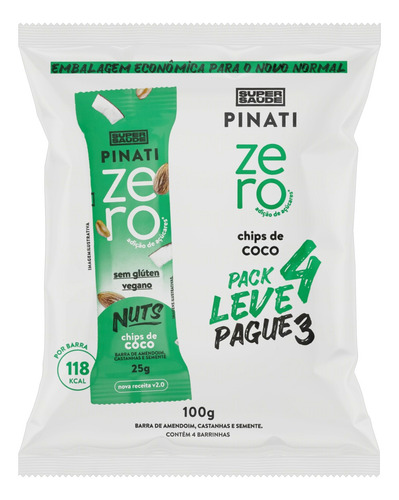 Pack Barra de Nuts Chips de Coco Super Saúde Pinati Zero Pacote 100g Leve 4 Pague 3 Unidades Embalagem Econômica