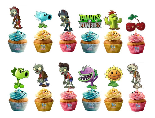 Imagen 1 de 6 de Plantas Vs Zombie Cupcake Toppers Adorno Para Muffins X10