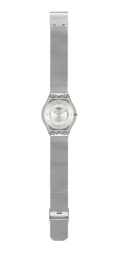 Imagen 1 de 1 de Reloj pulsera Swatch Skin Metal knit de cuerpo color gris, analógica, para mujer, fondo plateado satinado, con correa de acero inoxidable color gris, agujas color plateado, dial gris, minutero/segundero negro y hebilla de gancho