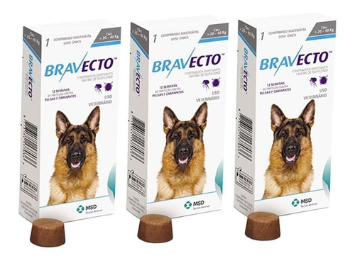 Kit Com 3 Antipulgas Bravecto Para Cães De 20 A 40 Kg - 1000