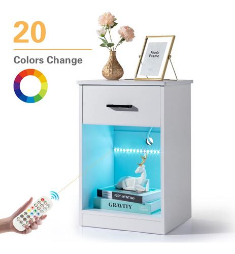White Nightstand With Led Light Side Table With Drawers