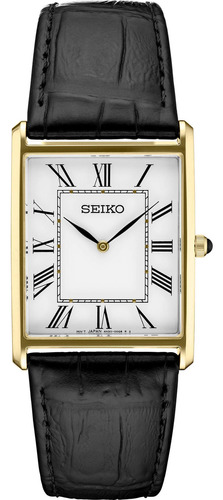 Seiko Reloj Cuadrado De Cuero Negro Dorado Swr052, Oro, Mod