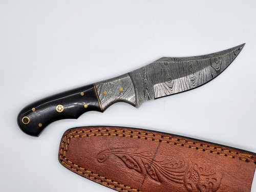 Cuchillo De Caza Acero Damasco Mango Hueso De Toro Color Negro