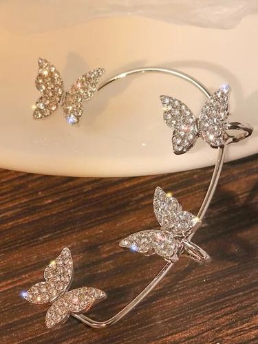 Imagen 7 de 8 de Arete Dorado O Plateado Ear Cuff Climber Mariposas Cristales