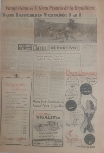 Clarin Deportivo 14/1/1957 San Lorenzo 3 Vasco Da Gama 1