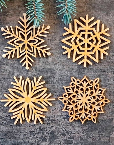 12 Copos De Nieve Pintadas Mdf Esferas Navideñas 