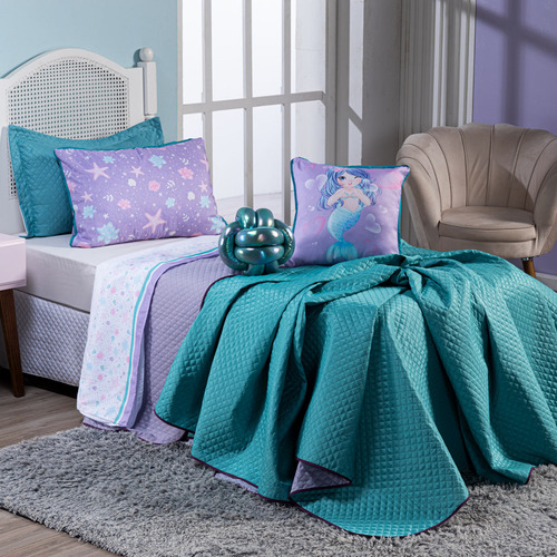 Kit Cama Cobreleito Sereia Tiffany Com Almofadas Casal 7 Pçs