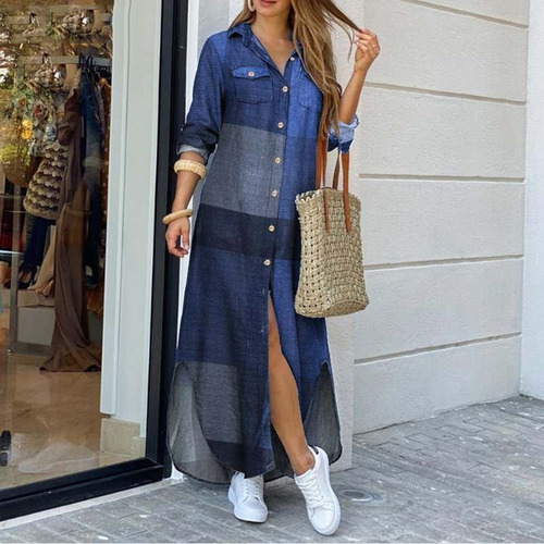 Loose Shirt Dress With Button And Printed Pockets 2023