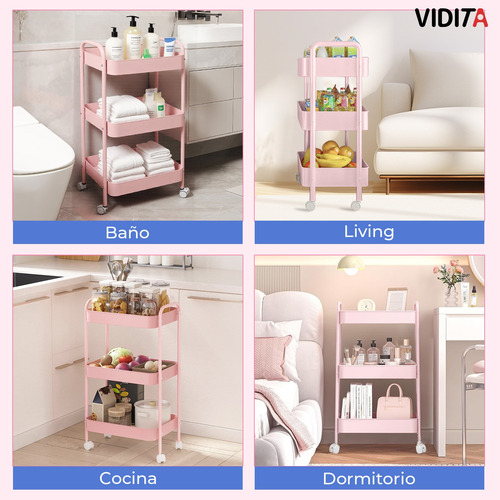 Carrito Organizador Metal 3 Niveles Ruedas Bloqueables Rosa Rosa