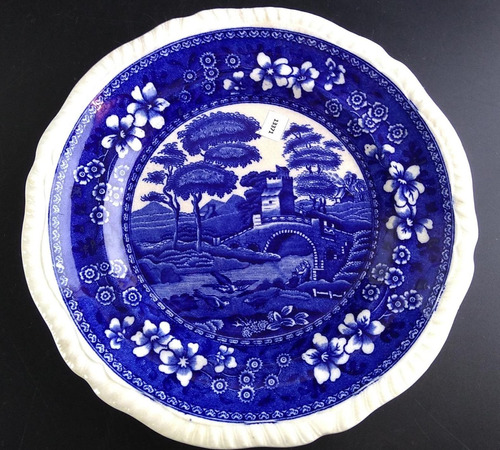Antigo Prato Em Porcelana Azul Borrao Copeland 13371 Rrdeco