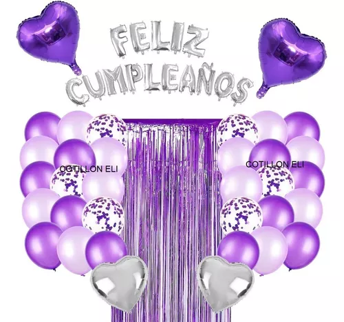 Combo Deco Violeta Globos Feliz Cumpleaños Cortina Corazon