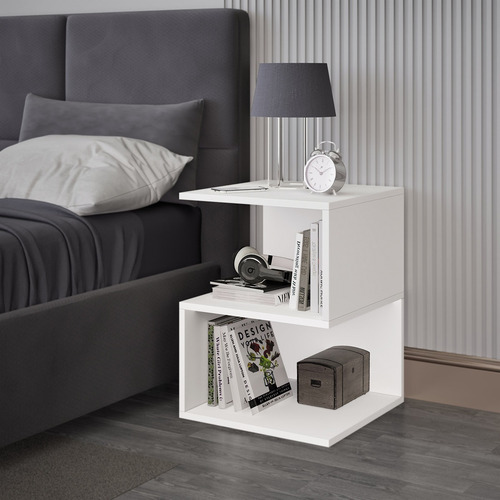 Mesa De Luz Moderna Mesita Melamina Estante Hueco Acabado Mate Color Blanco