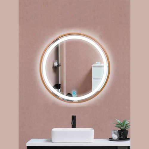 Espejo De Baño Con Luz Led Redondo 70*70cm Marco Dorado