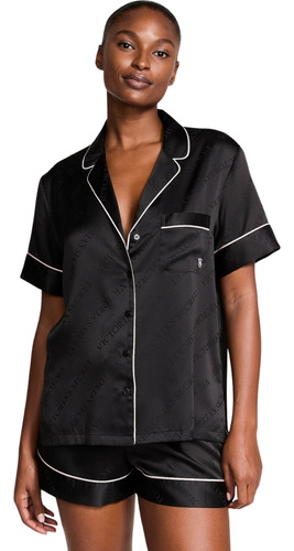Pijama Victoria's Secret Cetim Preto Short + Camisa Curta