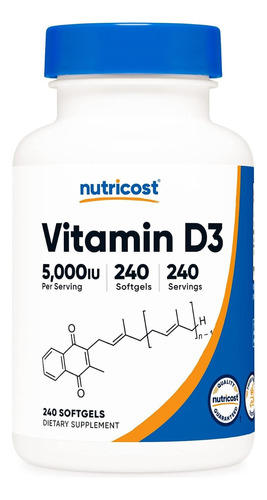 Vitamina D3, Colecalciferol, 5000 Ui, 240 Cápsulas Blandas