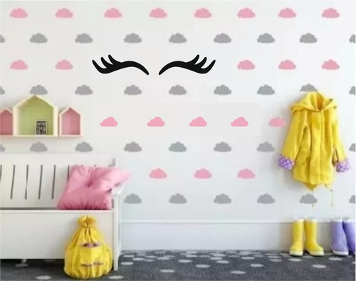 Adesivo Parede 60 Nuvens Cinza E Rosa Cilios Feliz Meninas