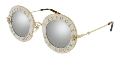 Anteojos de sol Gucci GG0113S con marco de metal color blanco/dorado, lente plateado de nailon espejada, varilla dorada de metal