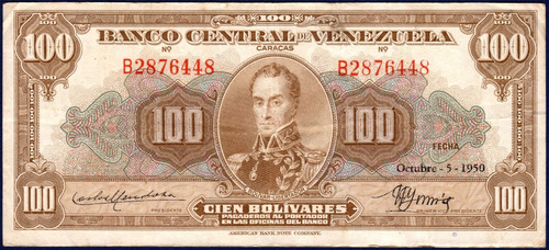 Billete De 100 Bolívares B7 Octubre 5 1950 Simón Bolívar