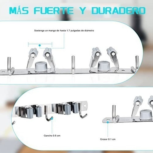 Imagen 5 de 5 de 304 Acero Inoxidable 5 Clips 6 Ganchos Escoba Rack Organizad