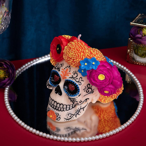Dia De Los Muertos - Vela Perfumada Con Calavera Floral Para
