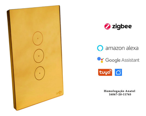 Interruptor Touch Tok Glass 3 Pads Zigbee Dourado 4x2 Corrente Nominal 10 A Voltagem Nominal 110v
