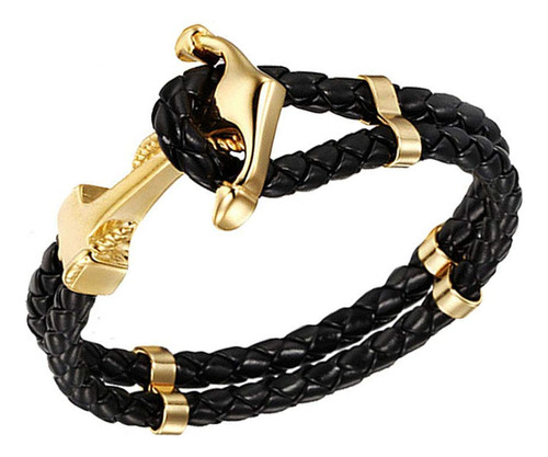 Pulsera De Negro Auténtico Hombres Ancla Dorada Embala...