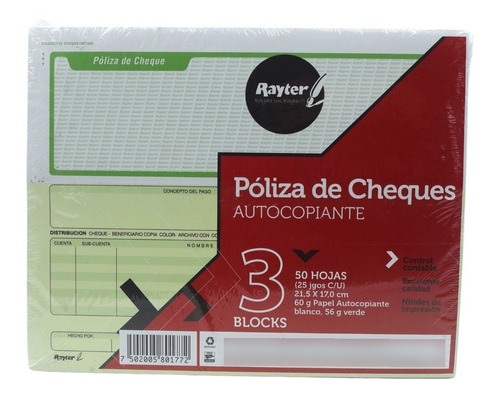 Poliza De Cheques Autocopiante Rayter Con 50 Hojas 3 Piezas