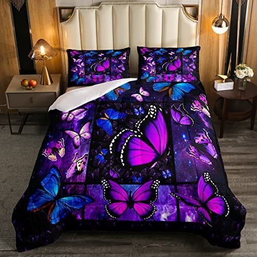 Conjunto Edredón Mariposas Estrellas Azul Morado Twin
