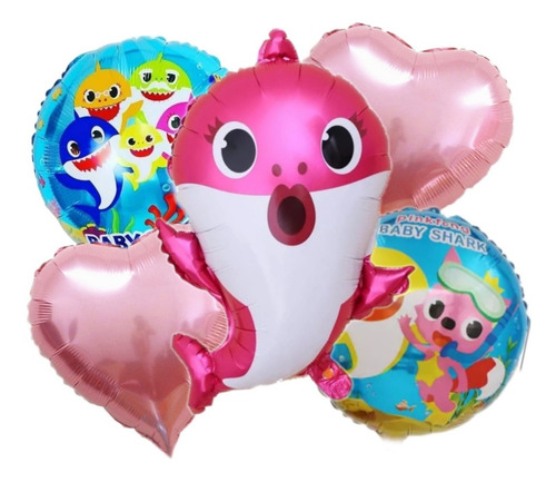 Set Globos Metalizados Baby Shark Fucsia Corazones X 5pzas