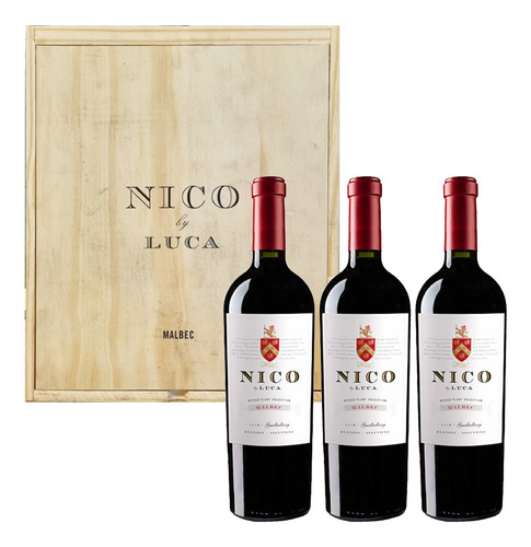 Vino Nico By Luca Mlbec 750 Ml X Estuche Madera 3 Unidades