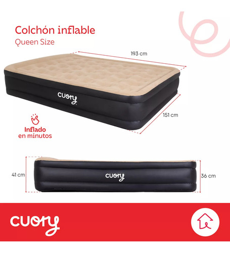 Colchón Inflable Queen Size con Bomba Eléctrica Cuory Cama Resistente Color Beige