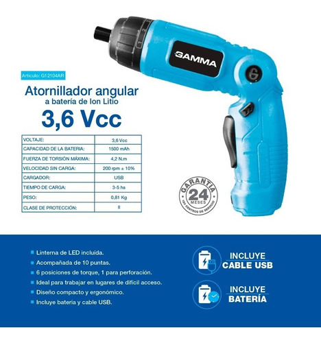 Imagen 2 de 9 de Atornillador Inalámbrico Linterna Bateria Litio Usb Gamma