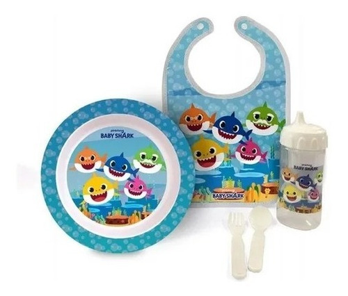 Kit Alimentação Bebê Prato Talheres Copo Babador Baby Shark