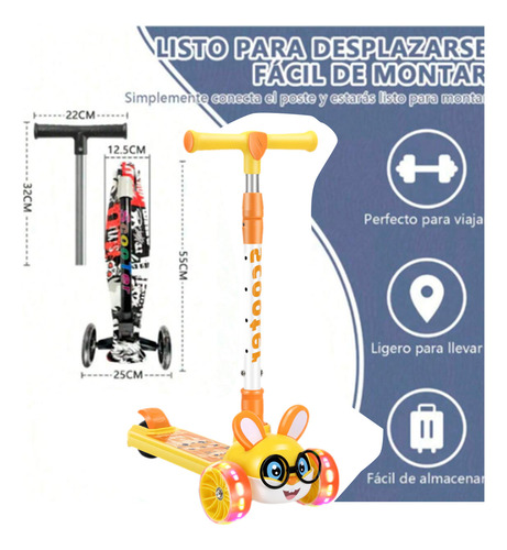 Scooter Monopatín De Pie Plegable Niños 2-12 Años Luces Led