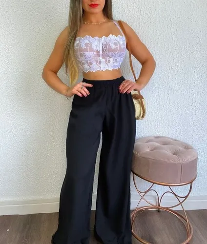 Conjunto Pantalona Cropped Renda Lesie Ano Novo Praia