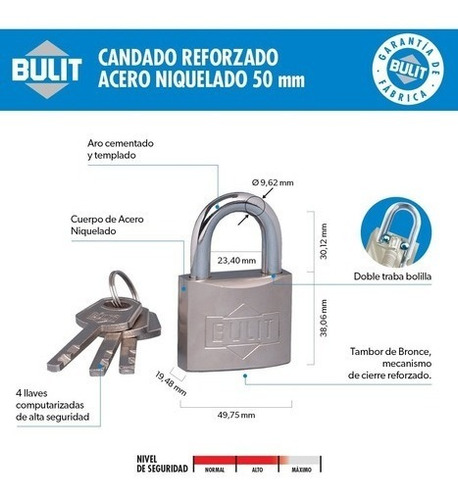 Imagen 2 de 3 de Candado Reforzado Acero Niquelado Bulit N° 50
