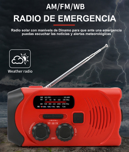 Radio Solar Emergencia Portatil Recargable Powerbank Luz Led Color Rojo