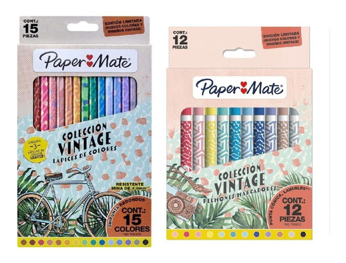 Kit Paper Mate Vintage 12 Marcadores + 15 Lapices De Colores