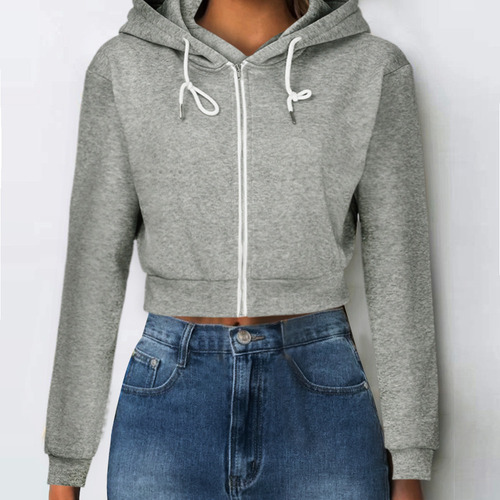 Sudadera Corta Con Capucha Y Cremallera A La Moda Para Mujer