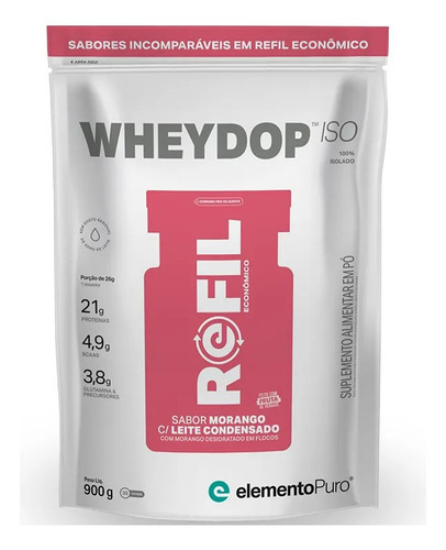 Sachê Wheydop Iso 900g Refil Elementopuro Sabor Morango Com Leite Condensado