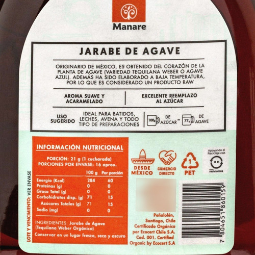 Jarabe De Agave Raw Organico 330g - Sin Gluten - Manare
