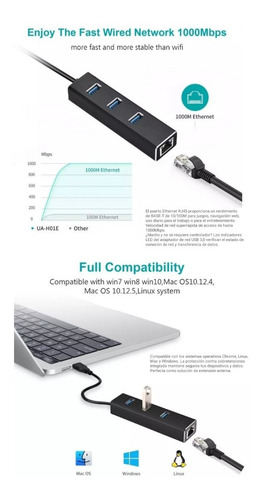 Adaptador Usb 3.0 Hub A Rj45 Ethernet Con 3 Puertos Usb 3.0