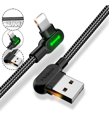 Cabo Usb Led Carregador Para iPhone 1 Metro 90º Mcdodo