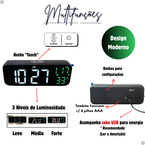 Relógio Mesa Digital Alarme Led Touch Temperatura 110/220