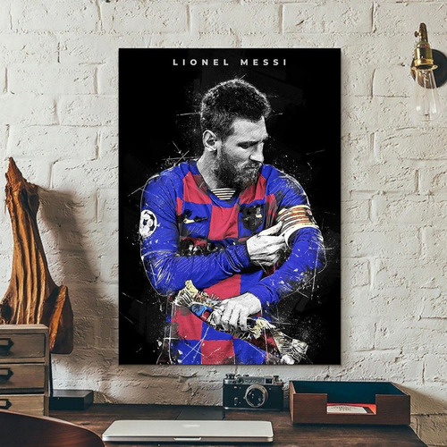 Cuadro Decorativo Arte De Lionel Messi Gris Futbol 28x41cm