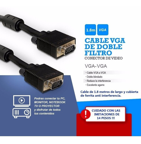 Cable Vga A Vga 1.8 Metros Macho Y Puntas Negras Las Mejores