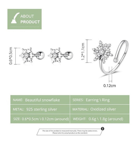 Imagen 3 de 8 de Anillo Ajustable Y Aretes Copo De Nieve Para Mujer En Plata
