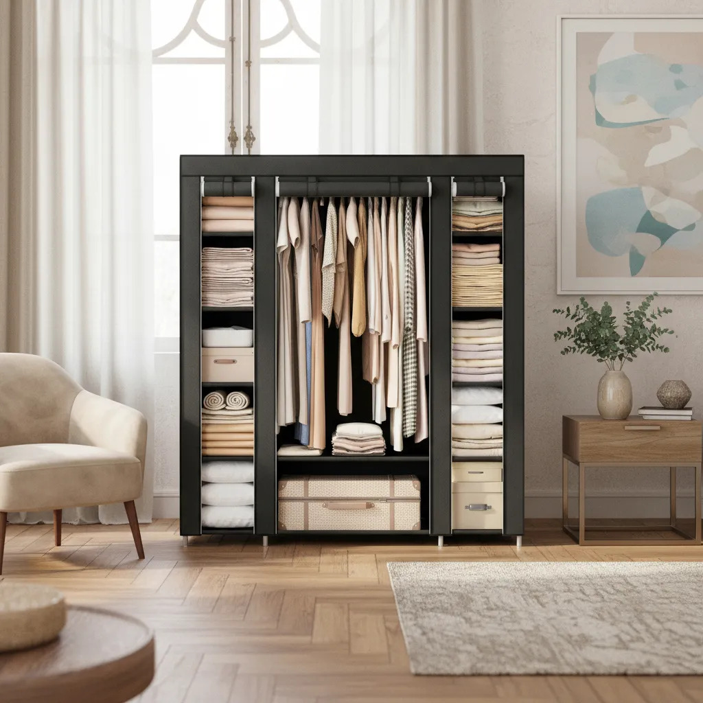 Ropero Armable Closet Con Lona Antipolvo Portatil 175*150*45 Color Negro