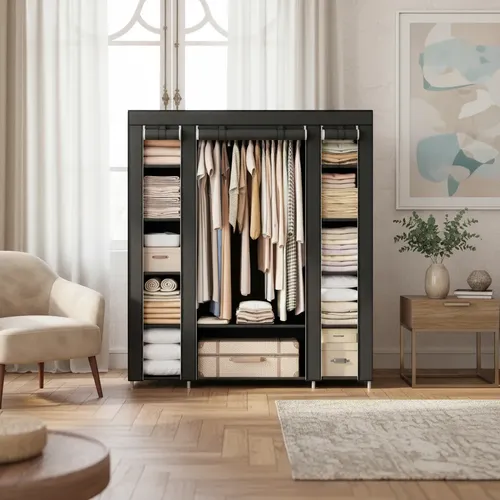 Ropero Armable Closet Con Lona Antipolvo Portatil 175*150*45 Color Negro