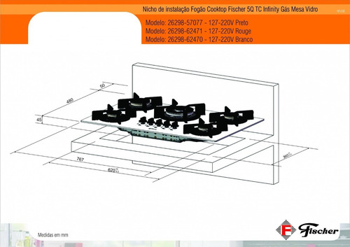 Imagem 4 de 4 de Fogão Cooktop Fischer 5q Tc Infinity Gás Mesa Vidro Branco S